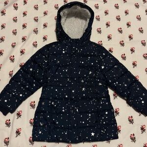 Starry Night Navy Blue Puffer Jacket with Sherpa Lined Hood. Girls size 5